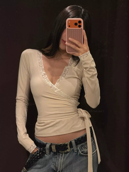 Lace-Trimmed Long Sleeves Wrap Blouse - Khaki Color - View 2