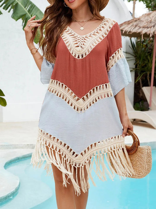Backless Tassel Hem V-Neck Cover-Up - product photo 1