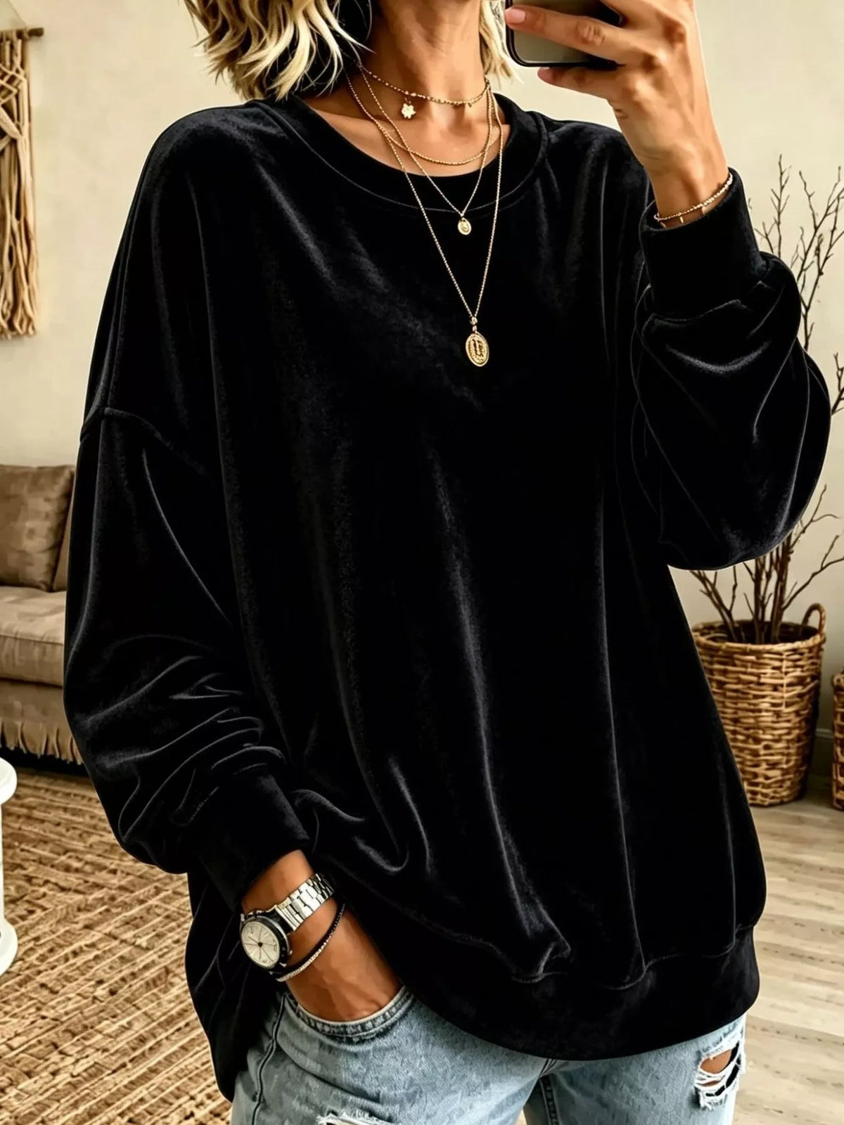 Full Size Solid Color Crew Neck Sweatshirt Plus Size - Black - View 3