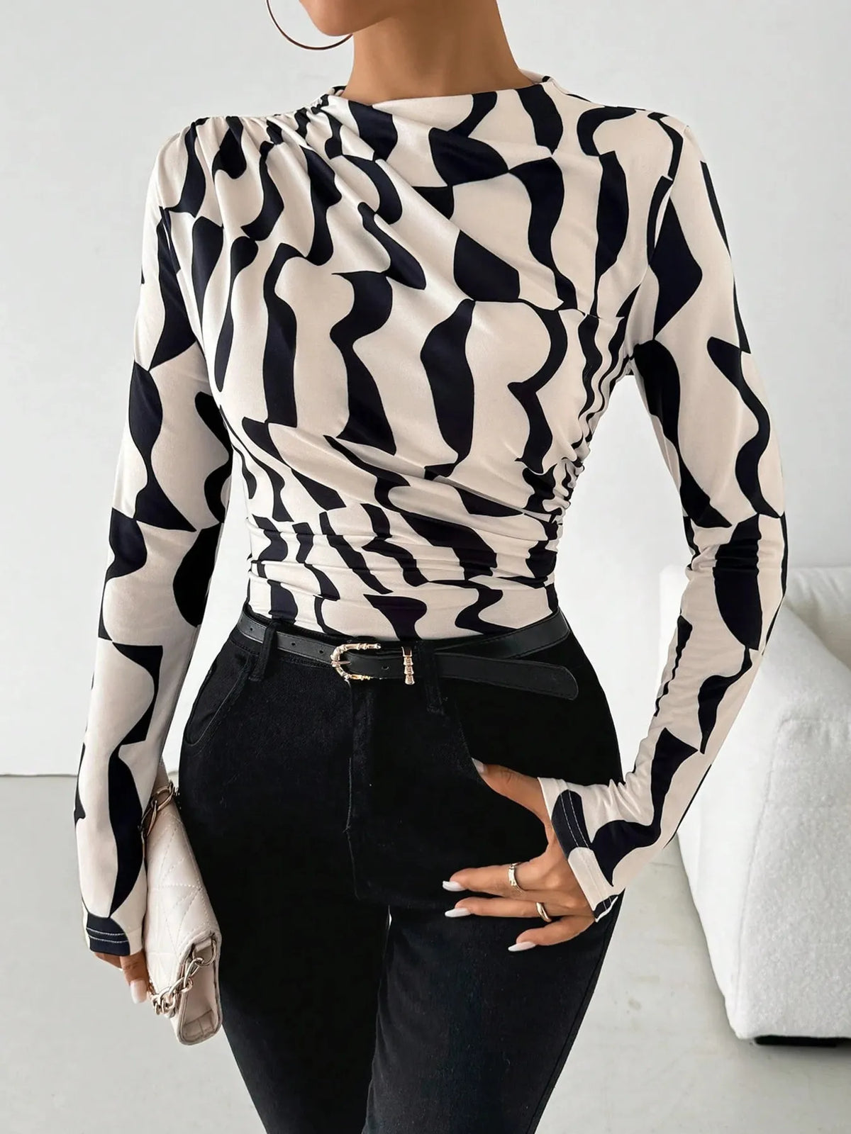 Printed Long Sleeve Blouse - Apricot - View 4