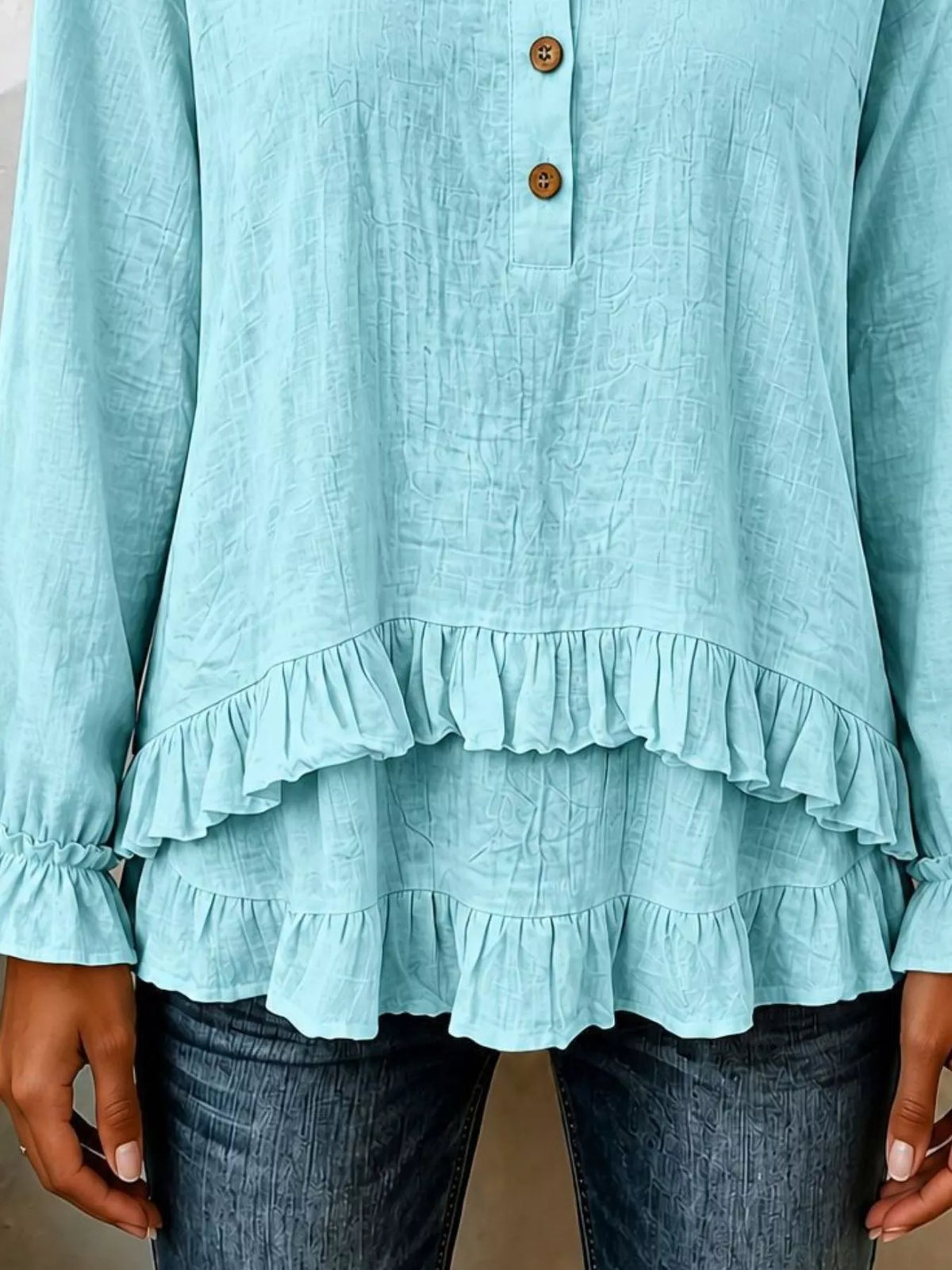 V-Neck Long Sleeve Button Detail Ruffled Hem Blouse - Green - View 3
