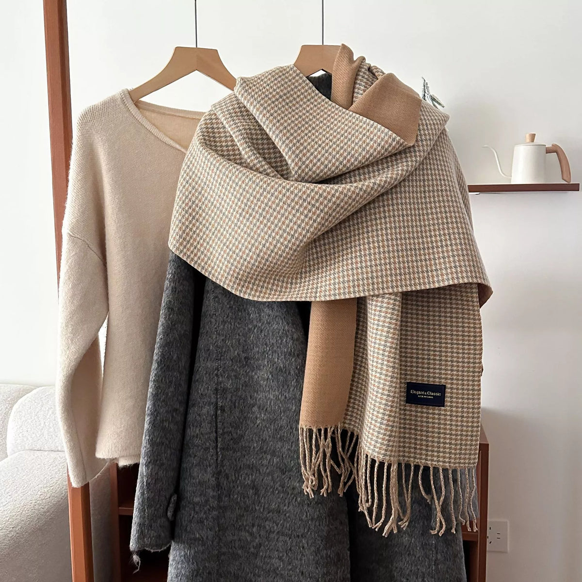 Plaid Fringe Warm Winter Scarf - Ivory - View 5