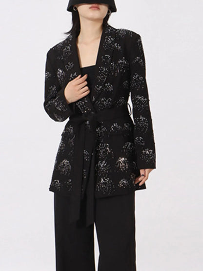 Rhinestone Button Down Long Sleeve Blazer - Black - View 6