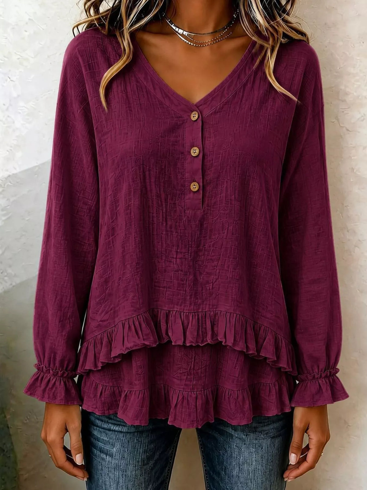 V-Neck Long Sleeve Button Detail Ruffled Hem Blouse - Burgundy - View 1