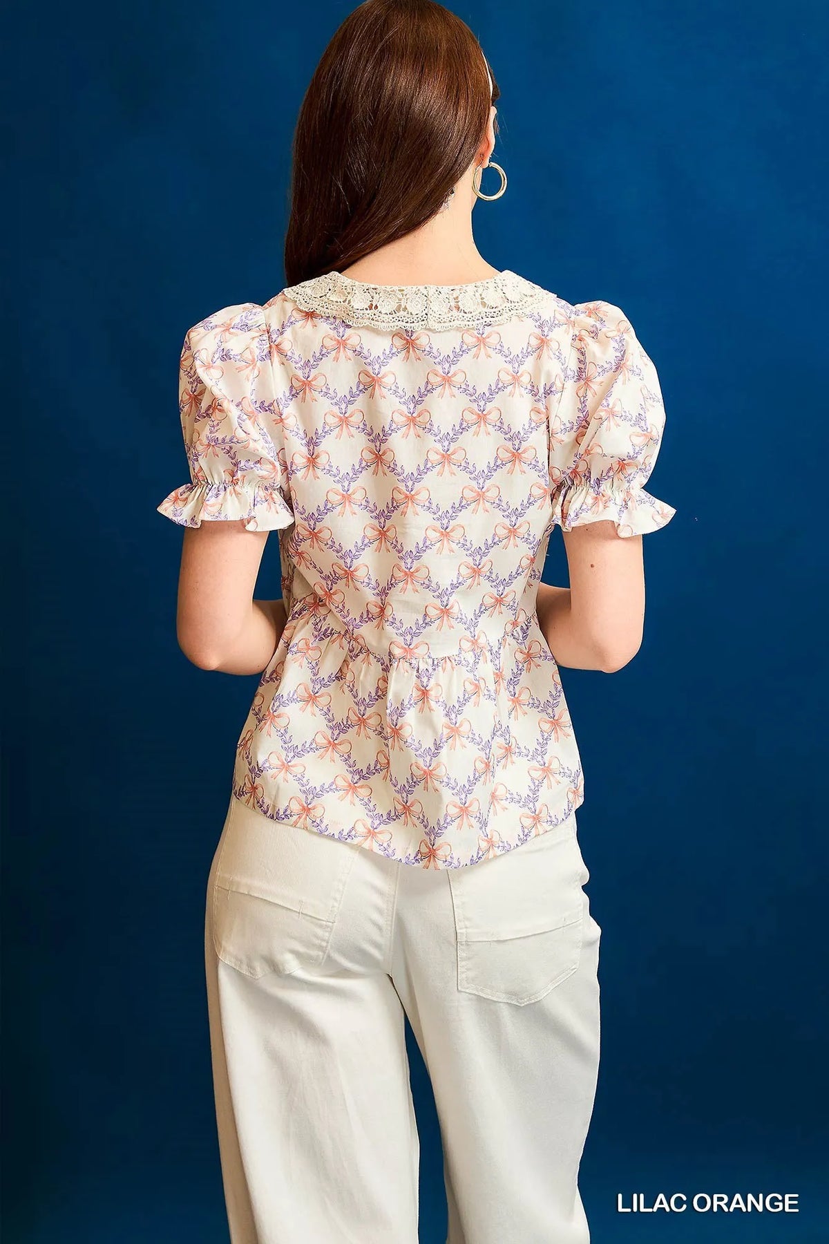 Umgee Lace Detail Bow Print Flounce Sleeve Blouse - LILAC/ORANGE - View 3