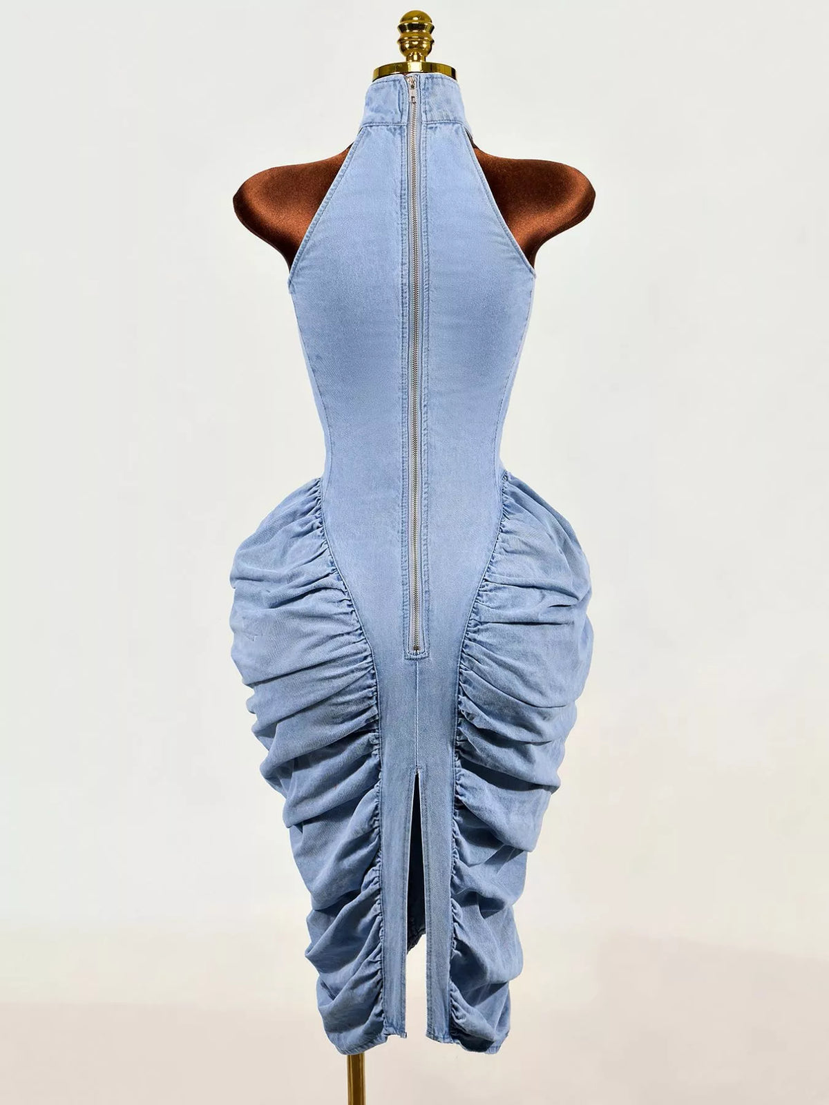 Sleeveless Mock Neck Ruched Bodycon Denim Dress - Blue - View 5