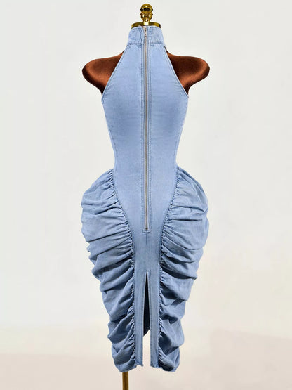 Sleeveless Mock Neck Ruched Bodycon Denim Dress - Blue - View 5