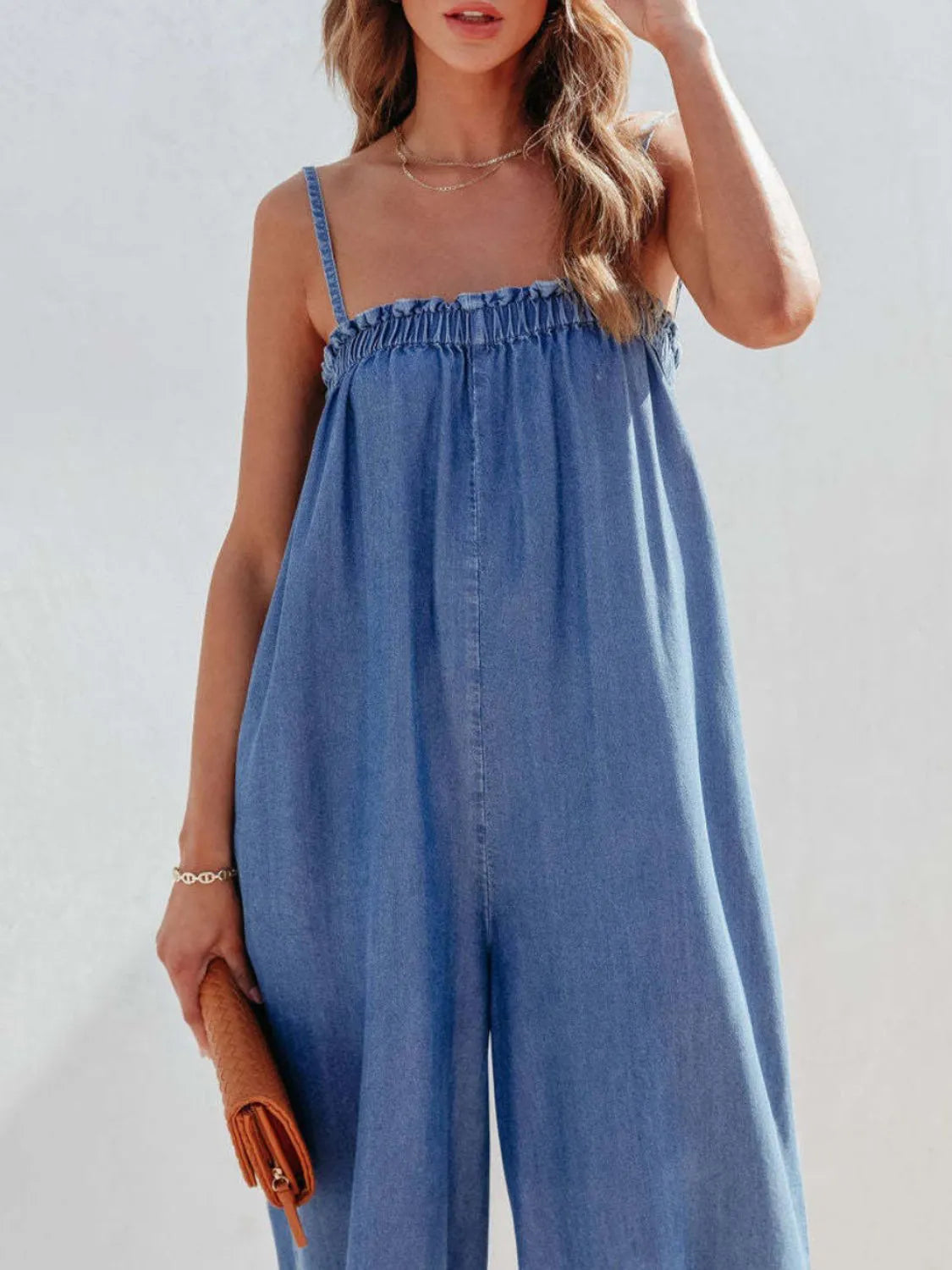 Spaghetti Strap Wide Leg Denim Jumpsuit - Medium - View 2