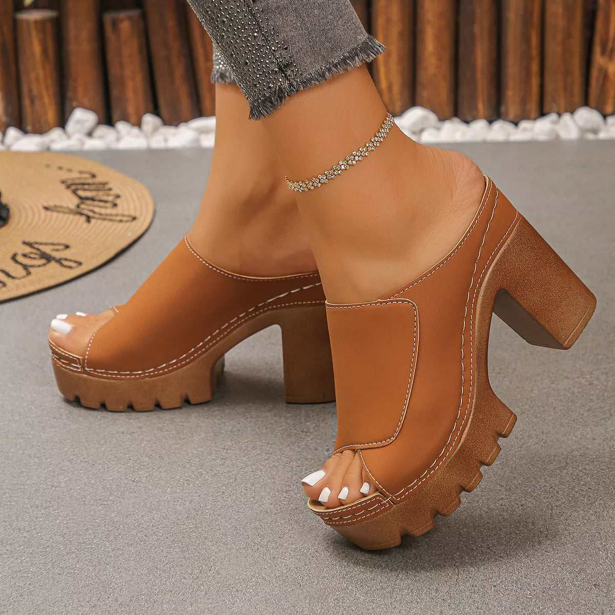 Open Toe Block Heels Sandals - Tan - View 5