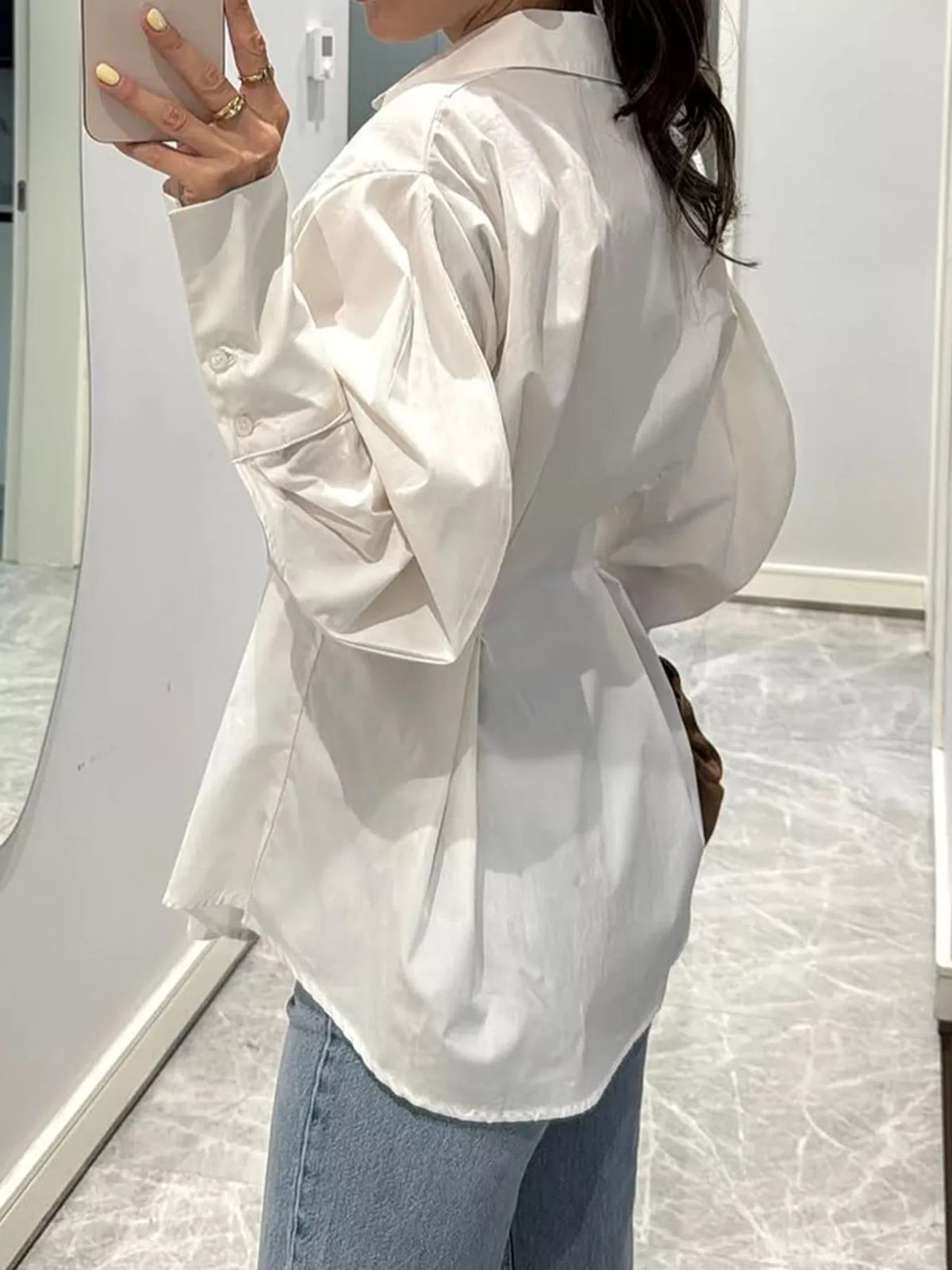 Button-Down Lantern Sleeve Shirt - White - View 3