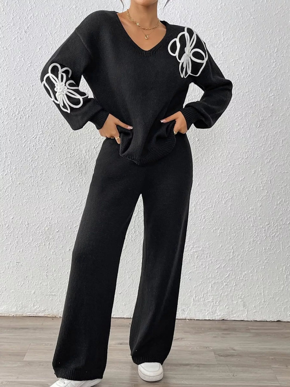 V-Neck Dropped Shoulder Top and Pants Sweater Set - Black - View 1