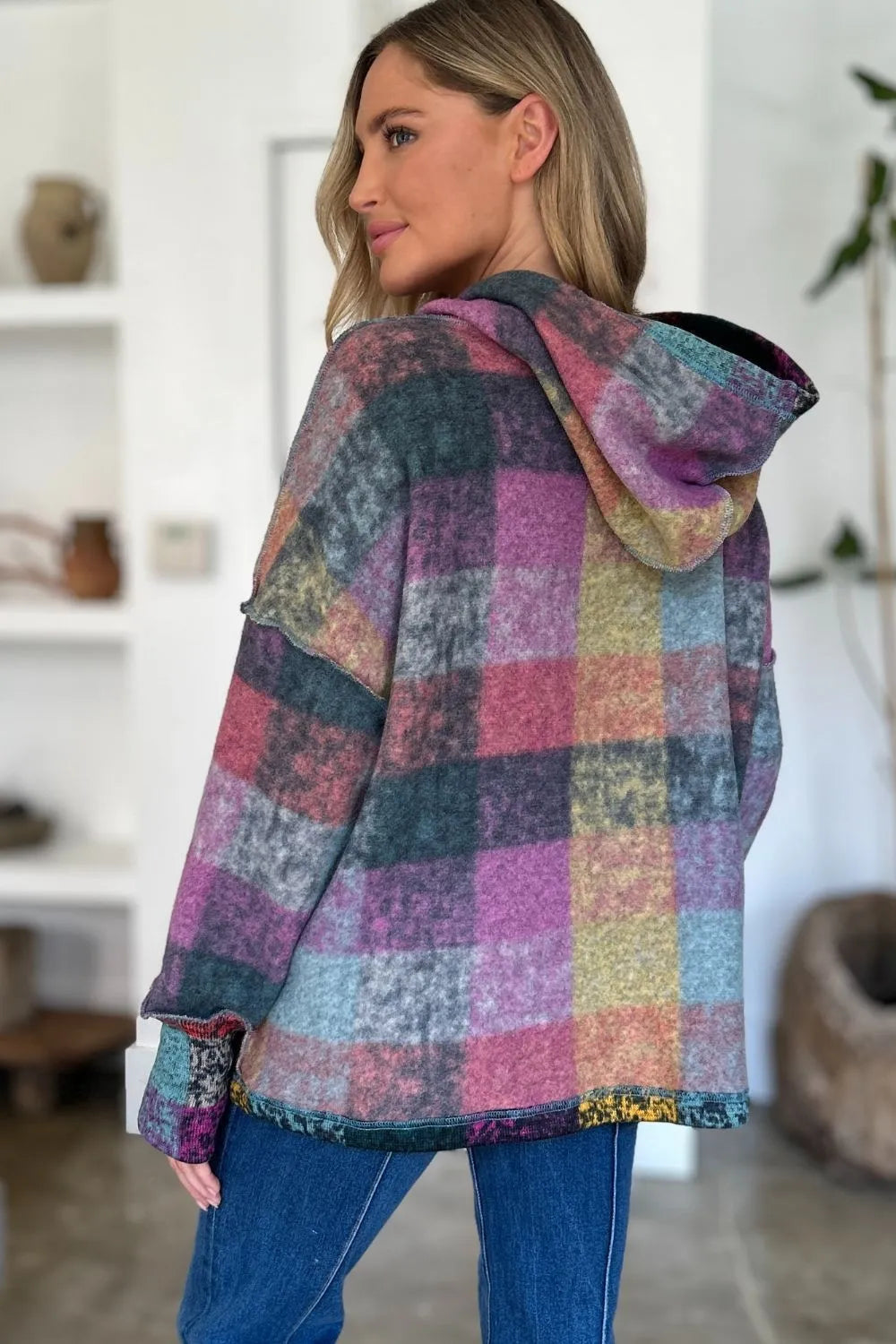 Double Take Full Size Plaid Dropped Shoulder Fleece Hoodie Plus Size - Heliotrope Purple - View 6