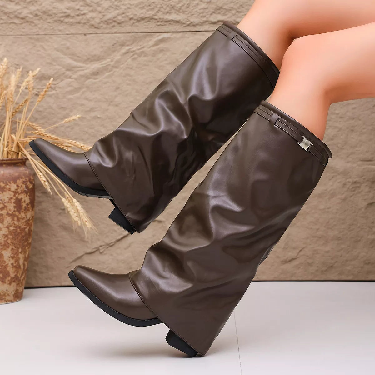 Point Toe Block Heel Boots - Brown - View 7