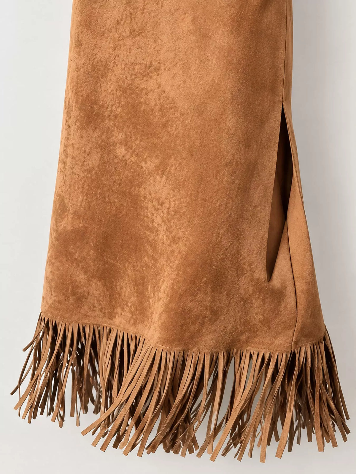 High-Waisted Fringe Midi Skirt - Light Brown - View 4
