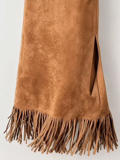 High-Waisted Fringe Midi Skirt - Light Brown - View 4