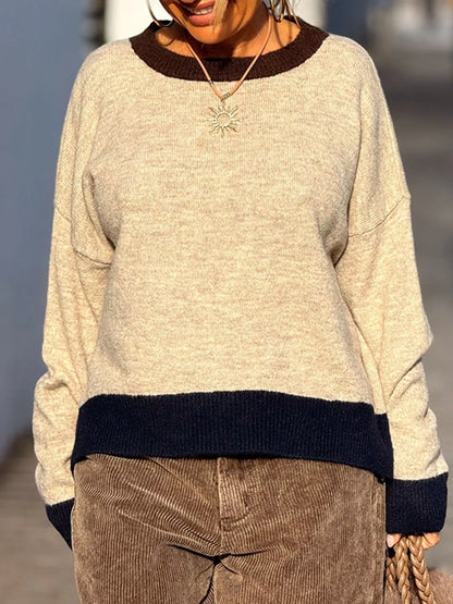 Contrast Trim Crew Neck Sweater - Coffee Brown - View 4