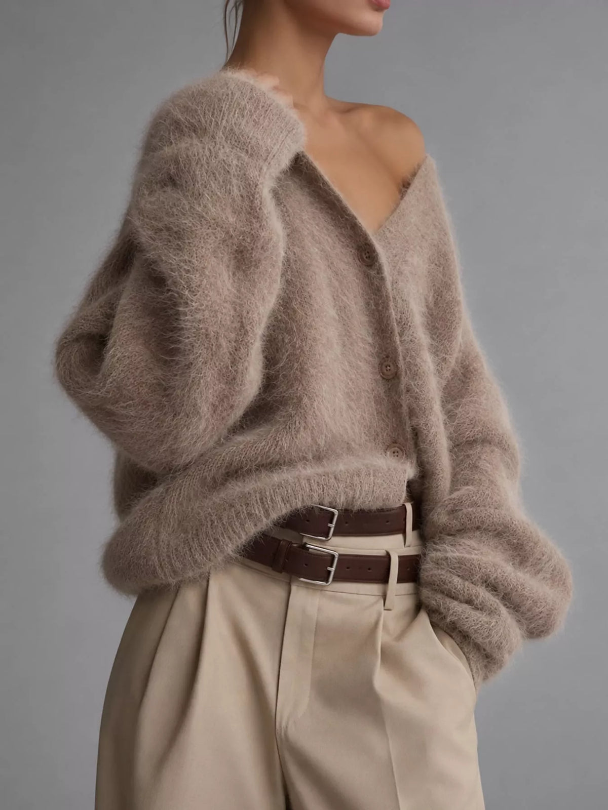 Fuzzy V-Neck Button-Down Cardigan - Camel - View 15