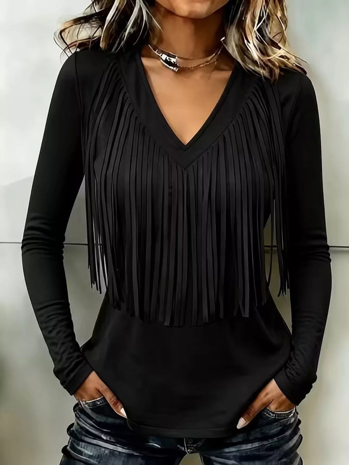 Fringe V-Neck Long Sleeve T-Shirt - Black - View 1