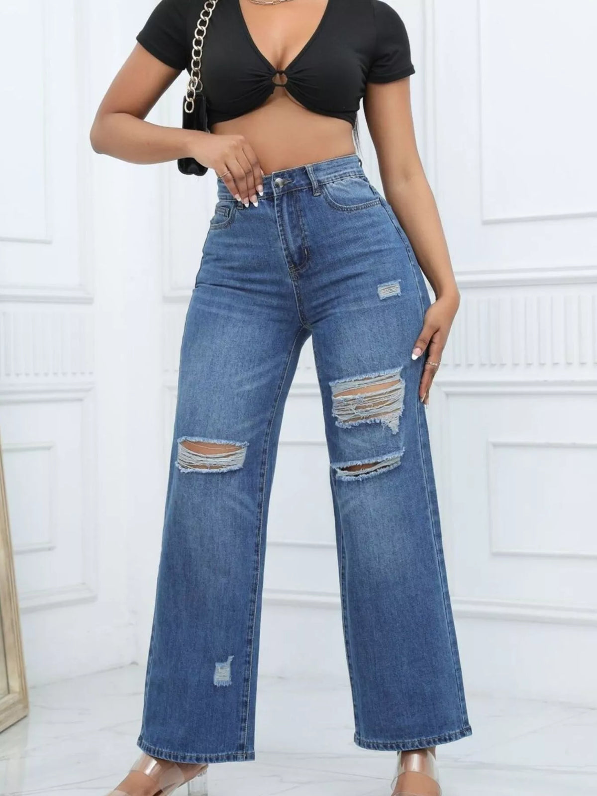 Distressed Wide-Leg Jeans - Dark Blue - View 1