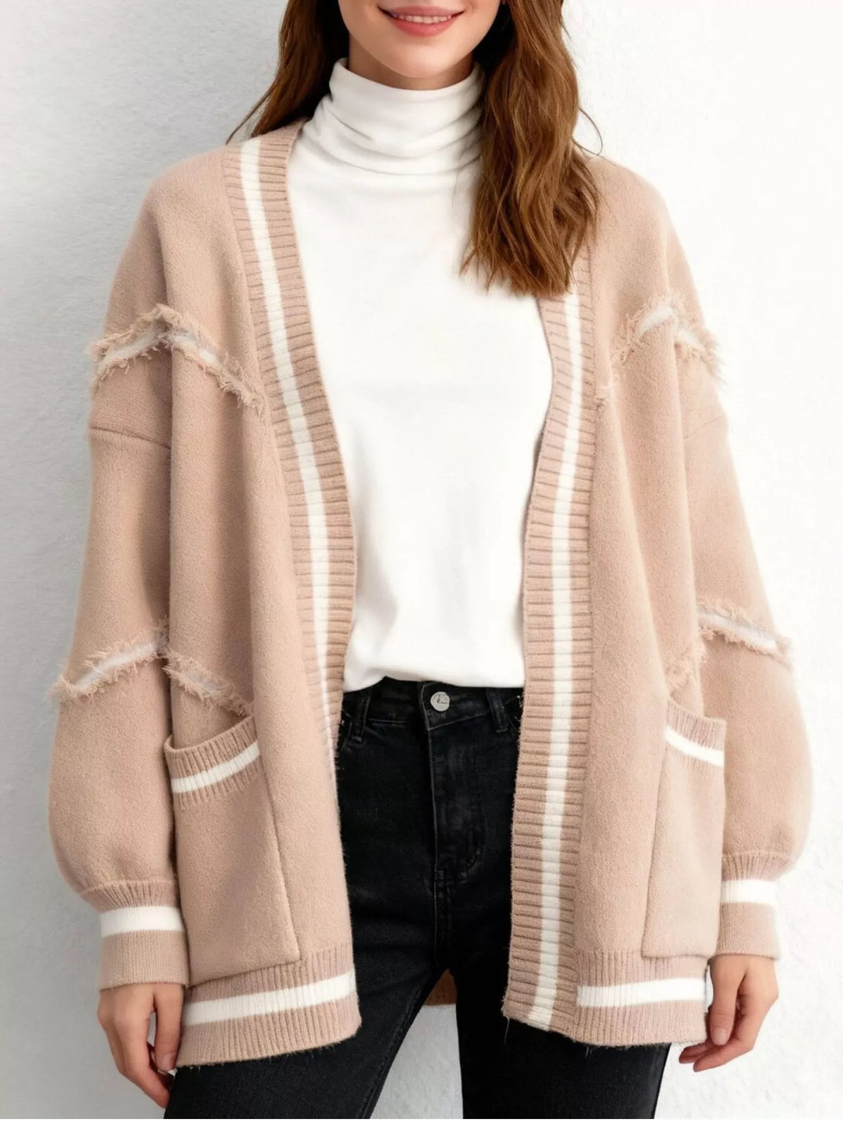 Frayed Hem Open Front Cardigan - Pale Blush - View 1