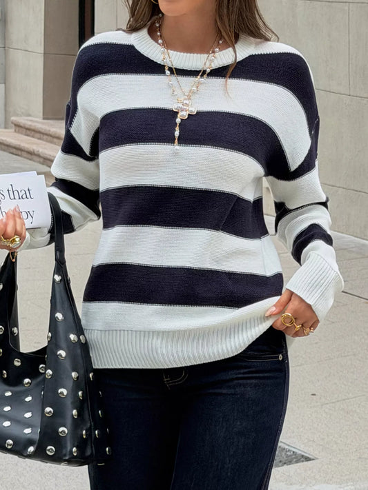 Striped Crew Neck Sweater - Blue - View 1