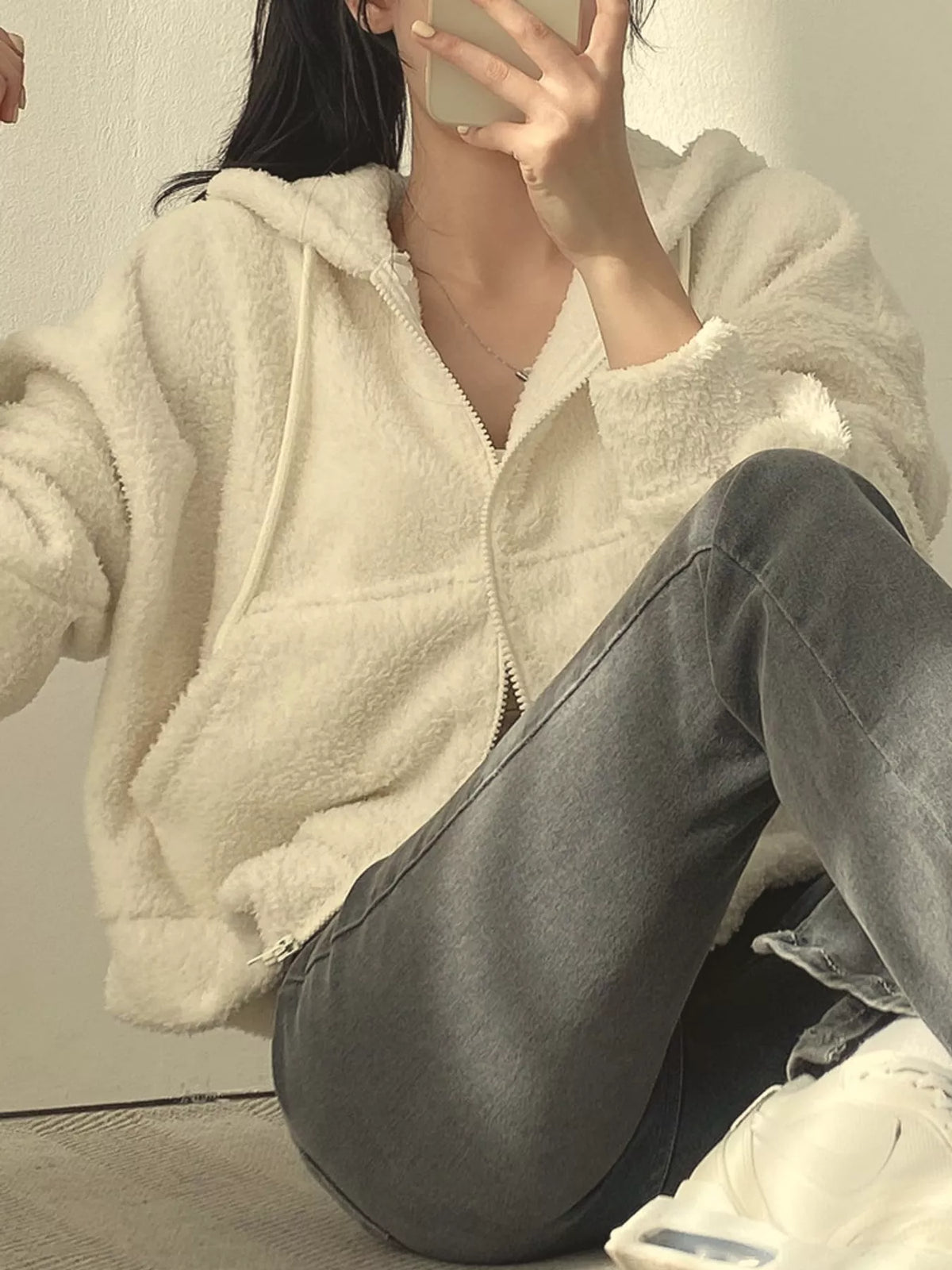 Oversized Sherpa Zip-Up Hoodie - Apricot - View 3