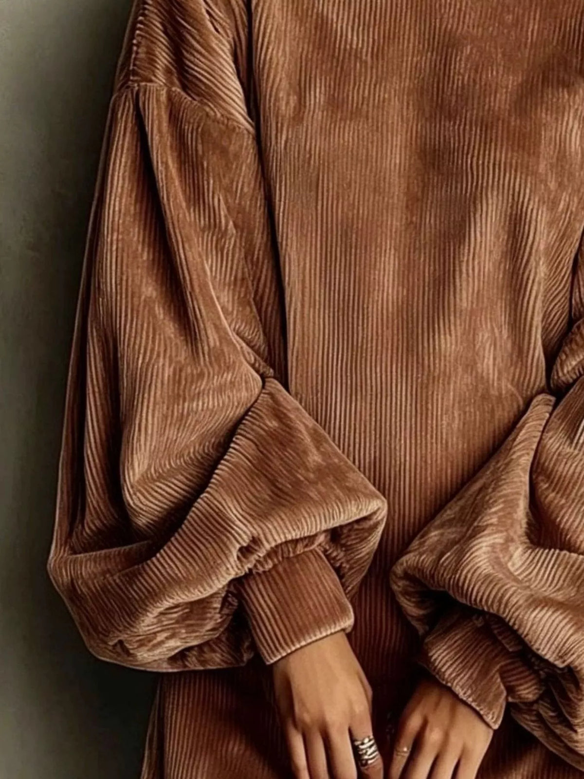 Full Size Ribbed Mock Neck Lantern Sleeve Mini Dress Plus Size - Coffee Brown - View 2