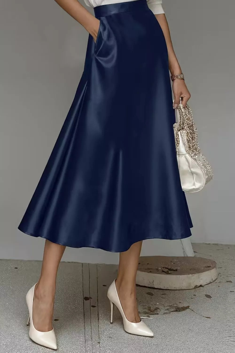 Satin A-Line Midi Skirt - Navy - View 17