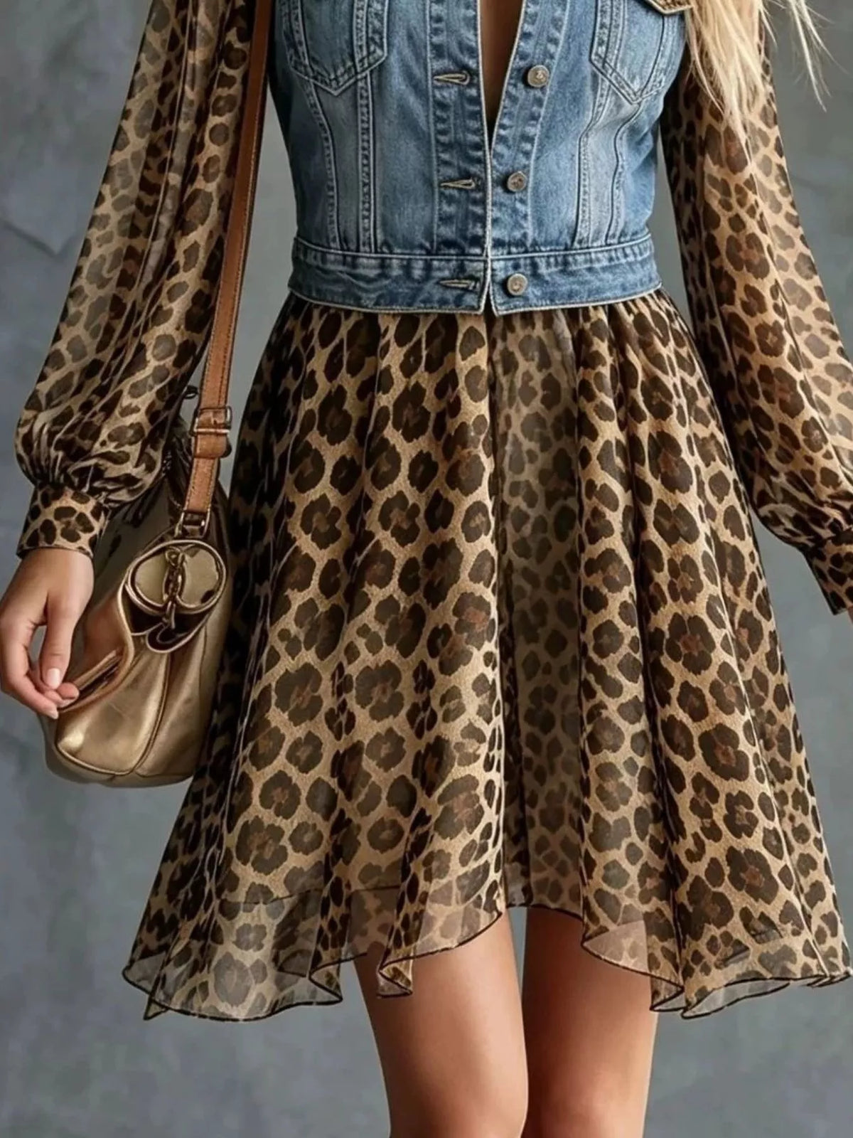 Full Size Denim Leopard Patchwork Mini Dress Plus Size - Dusty Blue - View 3