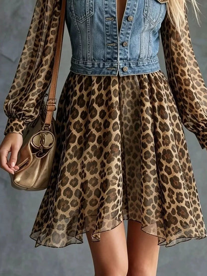 Full Size Denim Leopard Patchwork Mini Dress Plus Size - Dusty Blue - View 3