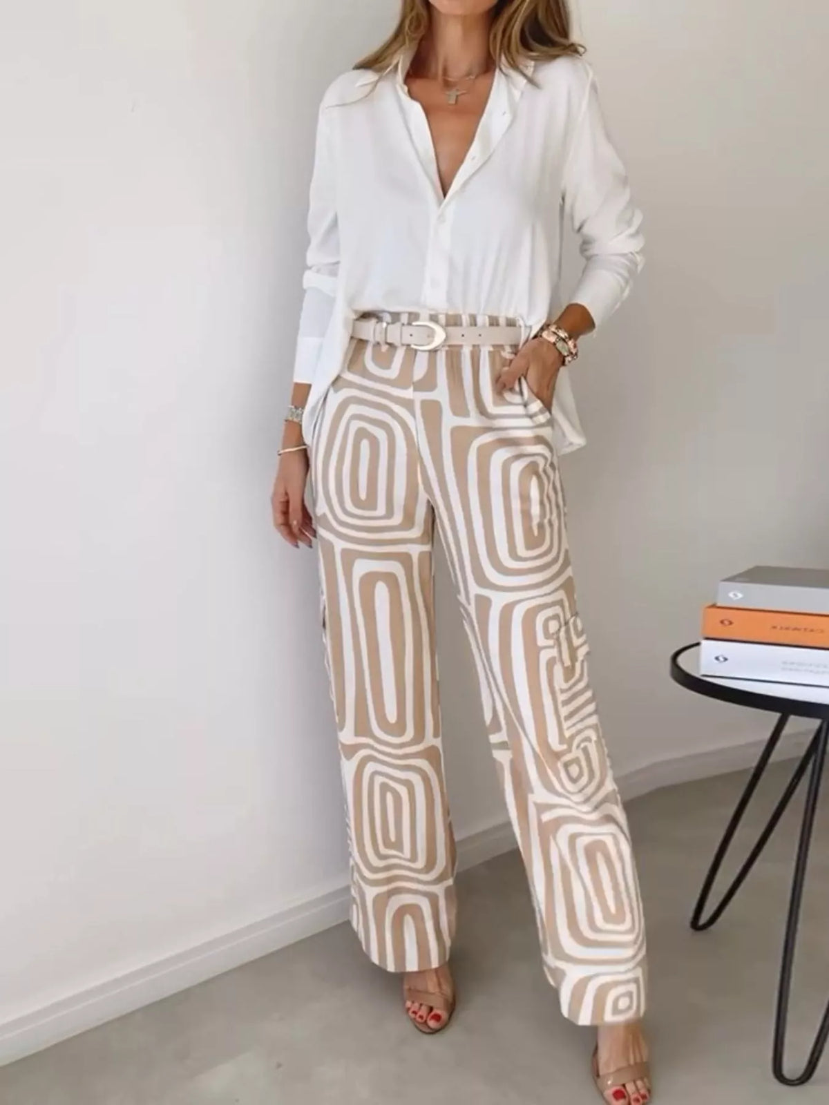 Full Size Chic Button-Down Shirt and Geometric Wide-Leg Pants Set Plus Size - Khaki - Set - View 1