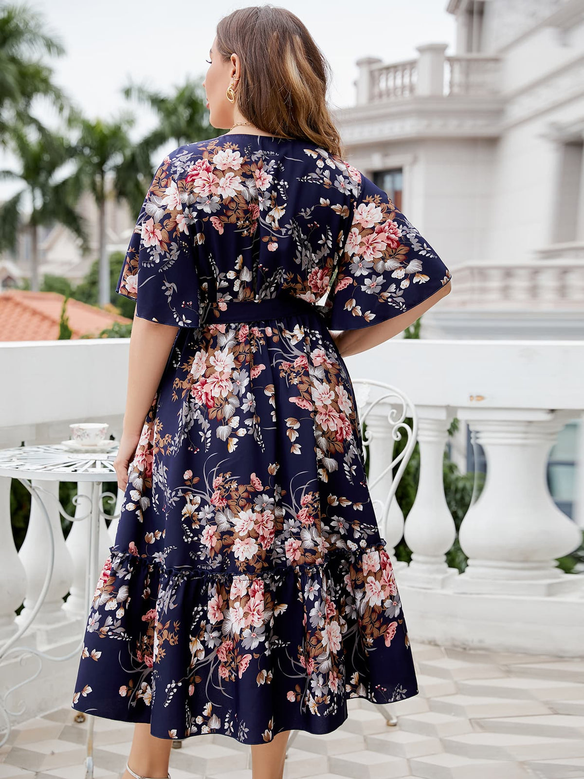Honey Plus Size Floral Surplice Neck Midi Dress - Floral - View 2