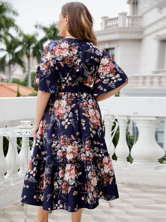 Honey Plus Size Floral Surplice Neck Midi Dress - Floral - View 2