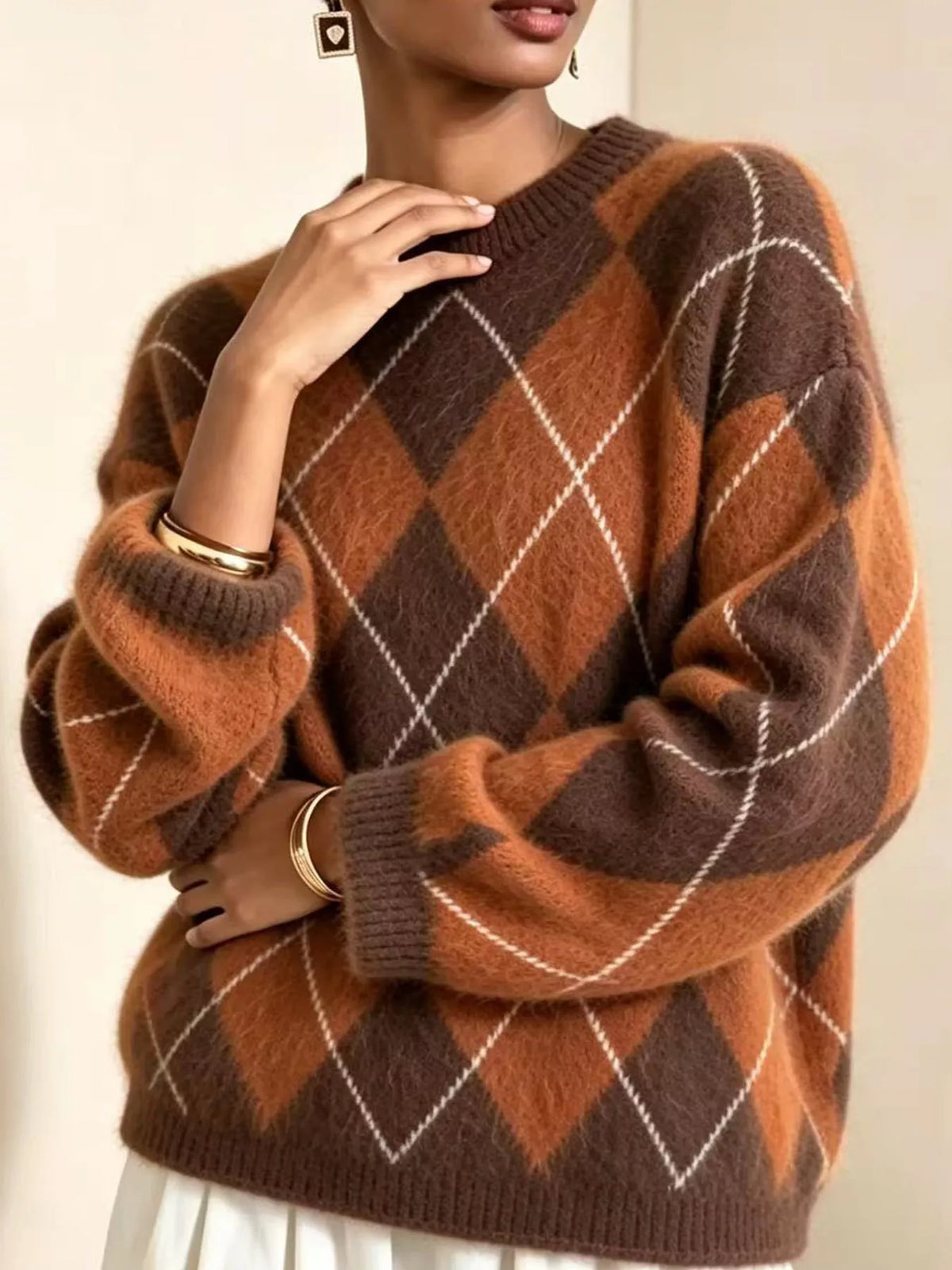 Argyle Pattern Fuzzy Knit Sweater - Orange - View 1