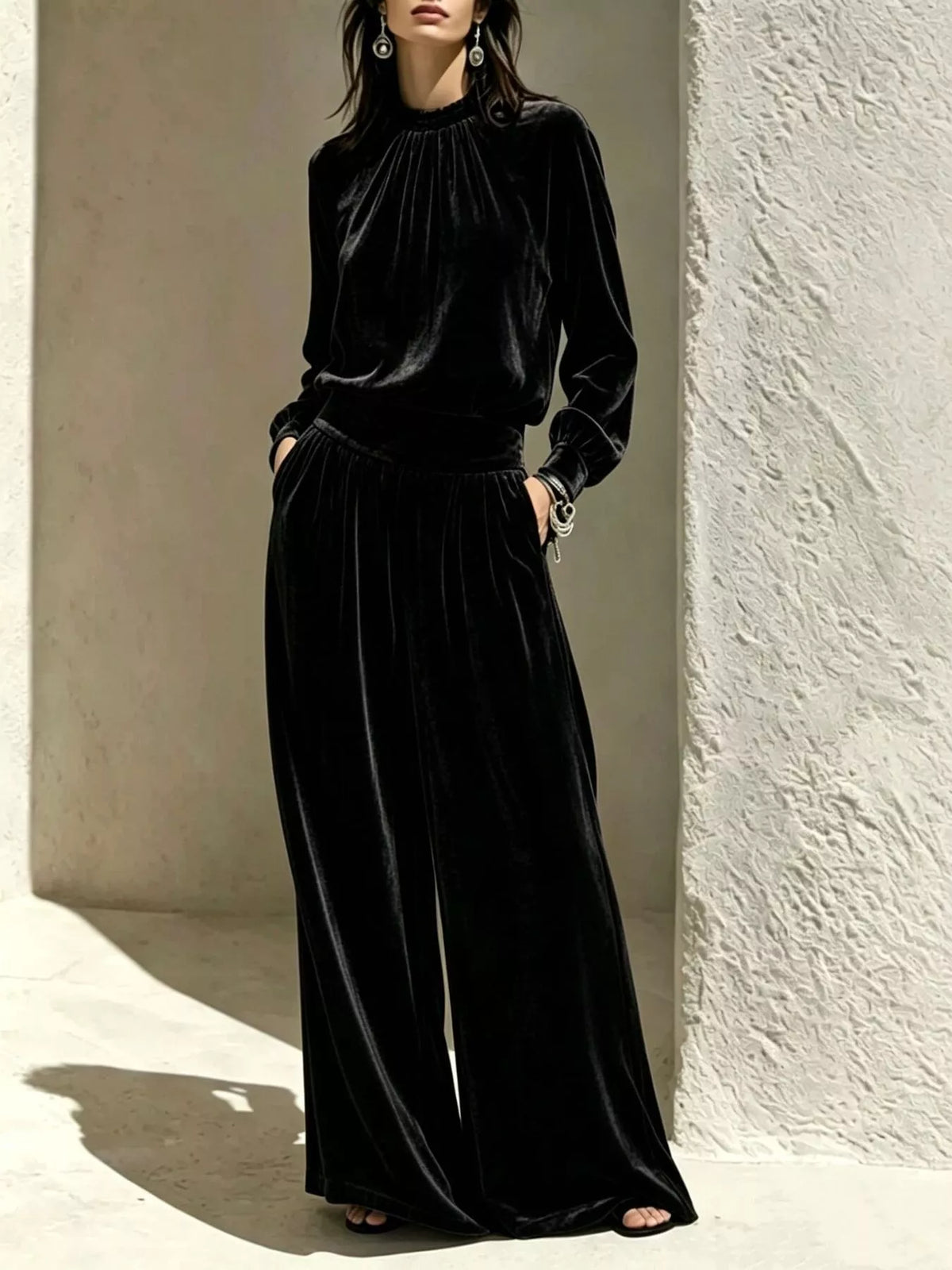 Velvet Mock Neck Long Sleeve Top and Wide-Leg Pants Set - Black - View 1