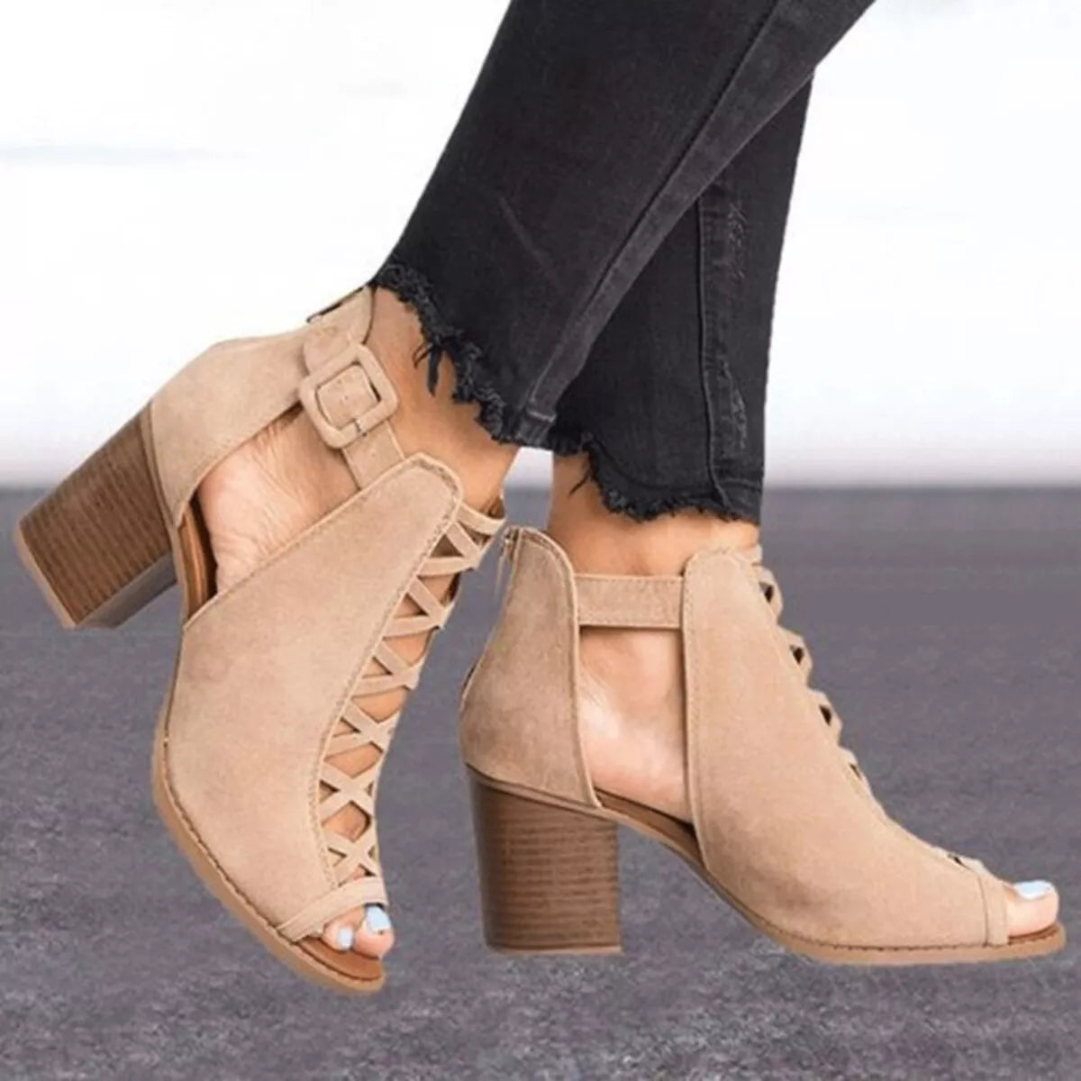 Peep Toe Block Heels Sandals - Apricot - View 1