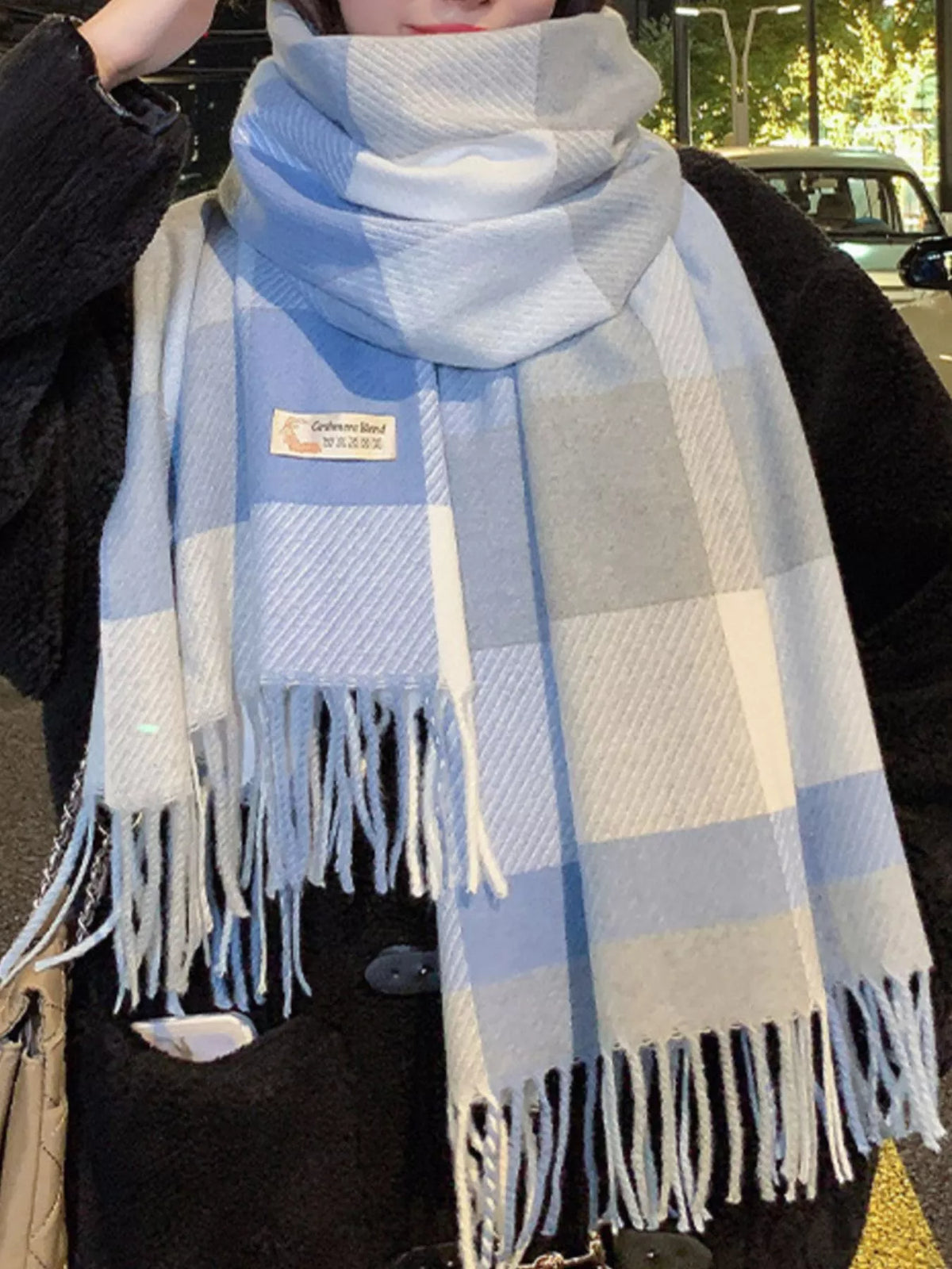 Fringe Plaid Scarf - Blue - View 2