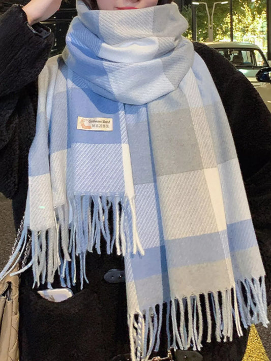 Fringe Plaid Scarf - Blue - View 2