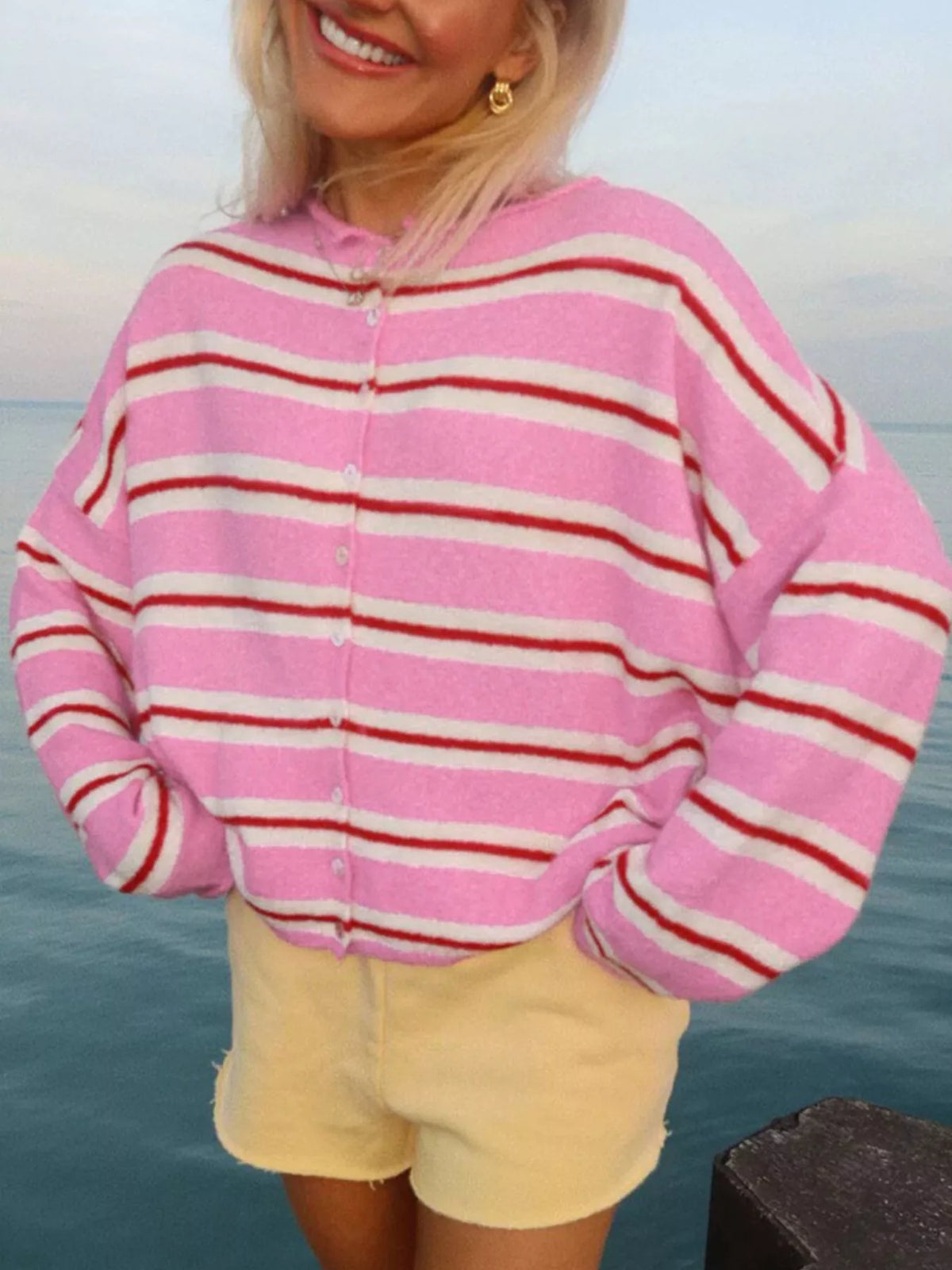 Striped Button-Down Knit Cardigan - Fuchsia Pink - View 1
