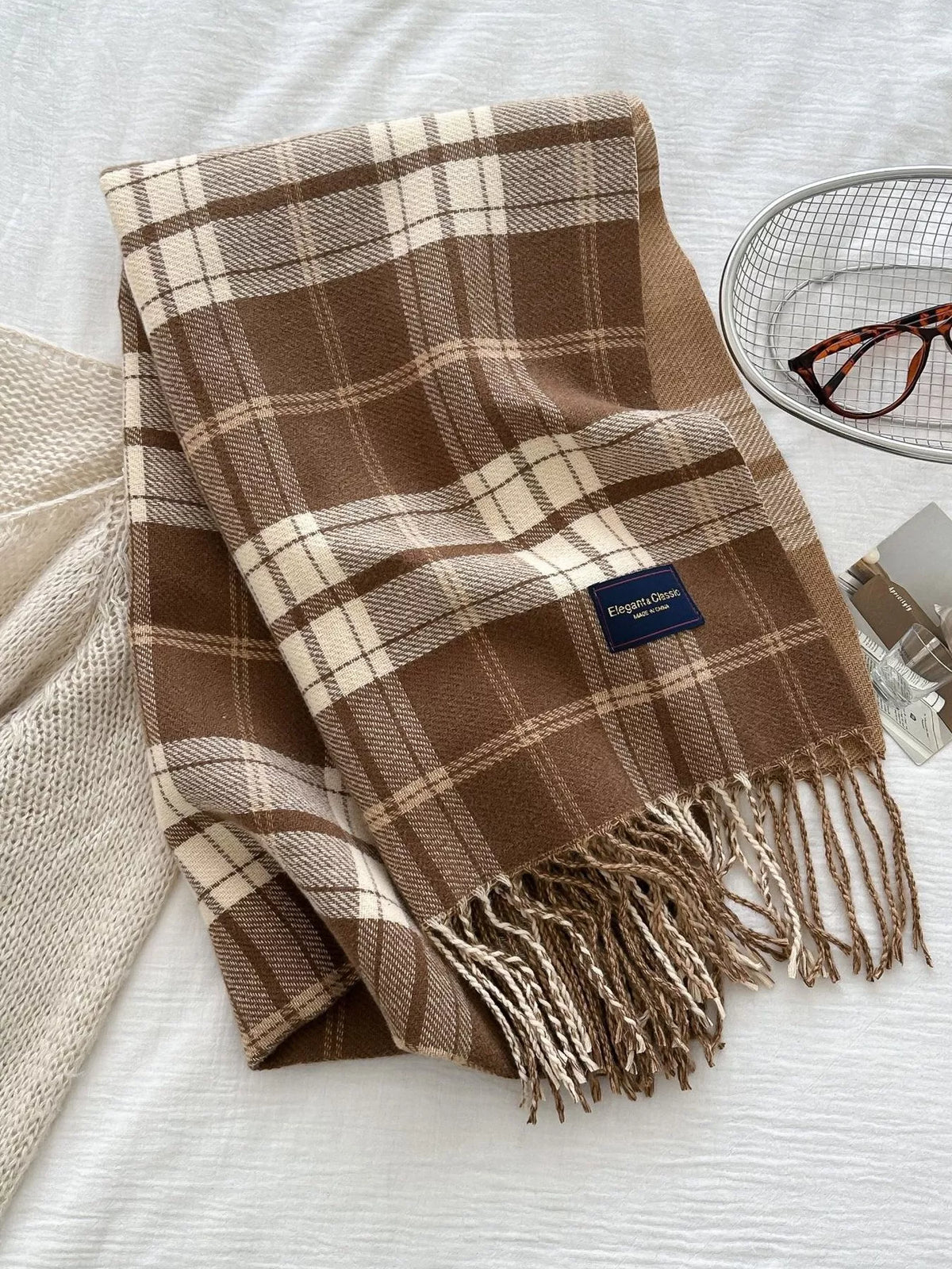 Classic Fringe Plaid Scarf - Tan - View 9