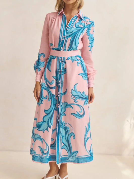 Printed Button Down Belted Shirt Dress - product photo 1