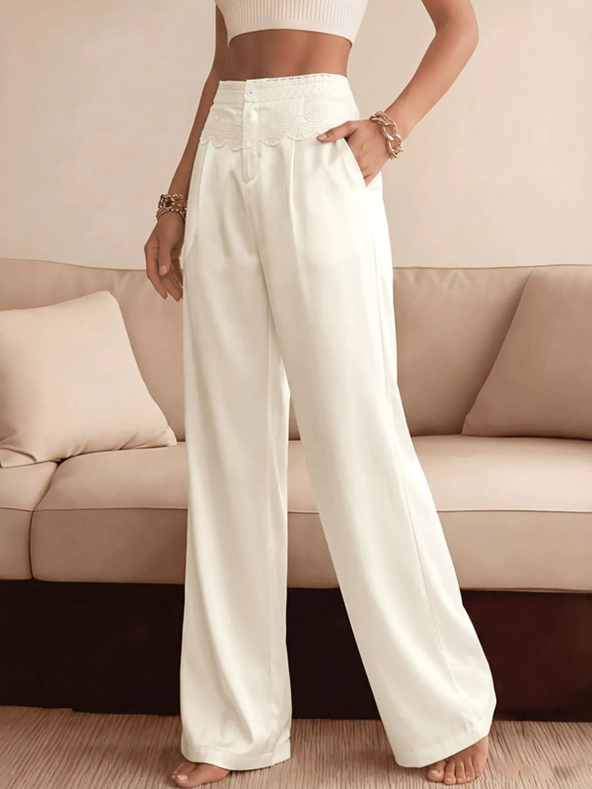 Lace Waist Wide Leg Pants - Beige - View 1