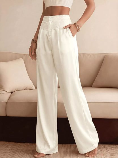 Lace Waist Wide Leg Pants - Beige - View 1