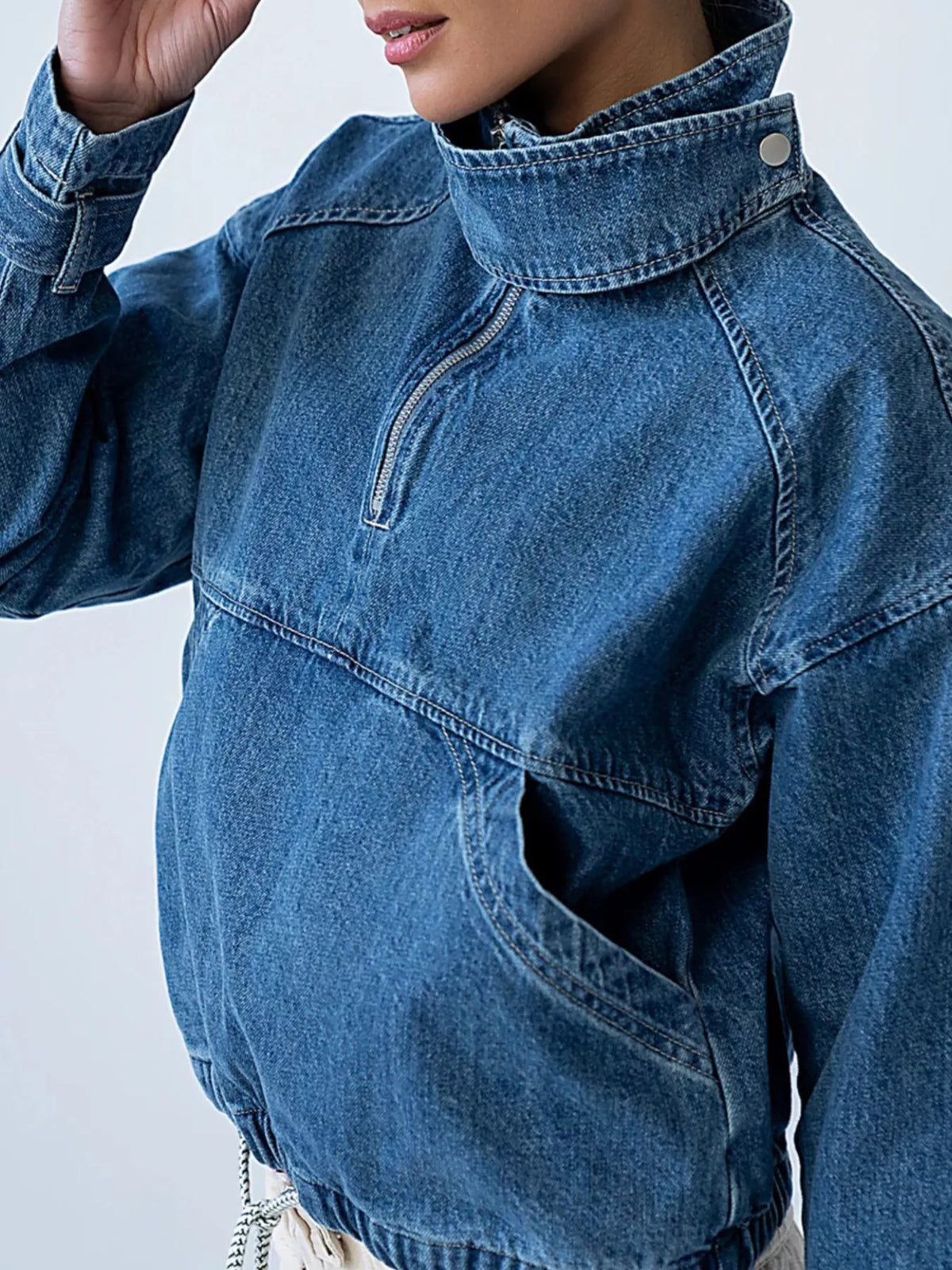 Half-Zip Turtleneck Denim Top - Blue - View 4