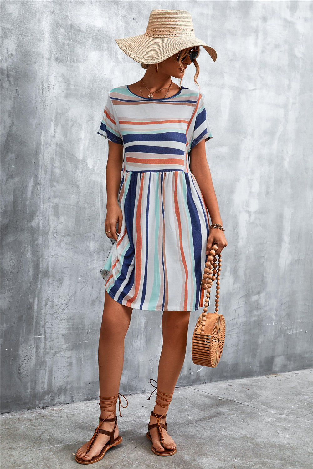 Striped Round Neck Dress - Orange/White - View 9