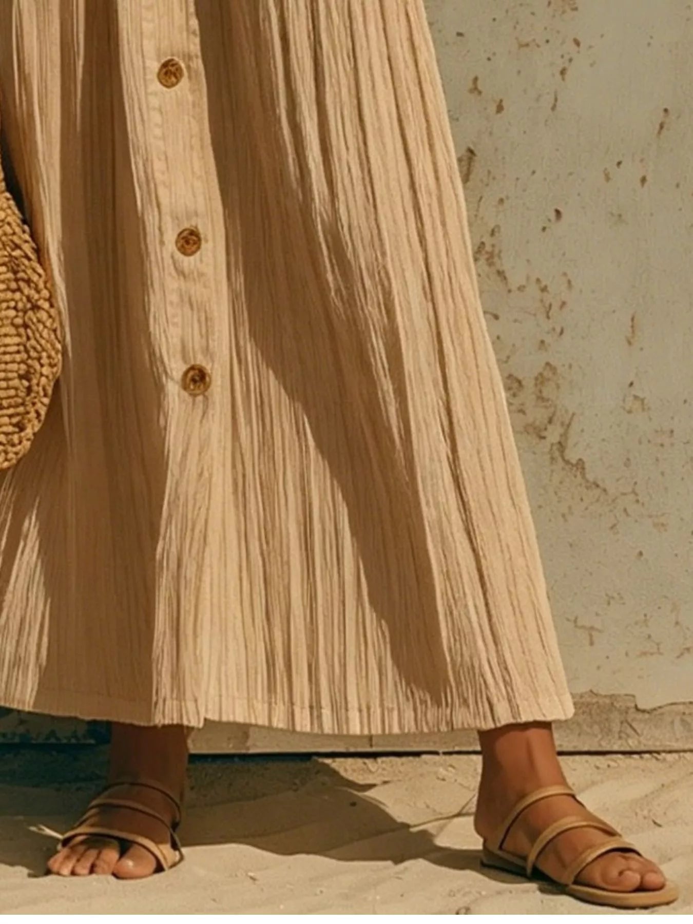 Full Size Textured Button Down Long Sleeve Maxi Dress Plus Size - Khaki - Skirt Detail View