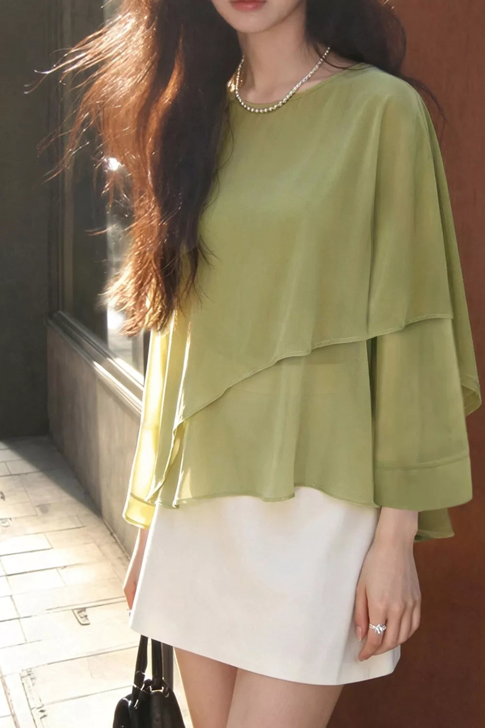 Layered Flutter Sleeve Chiffon Blouse - Matcha Green - View 3
