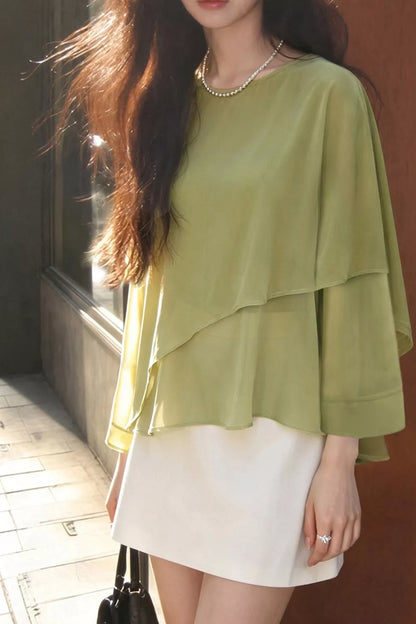 Layered Flutter Sleeve Chiffon Blouse - Matcha Green - View 3