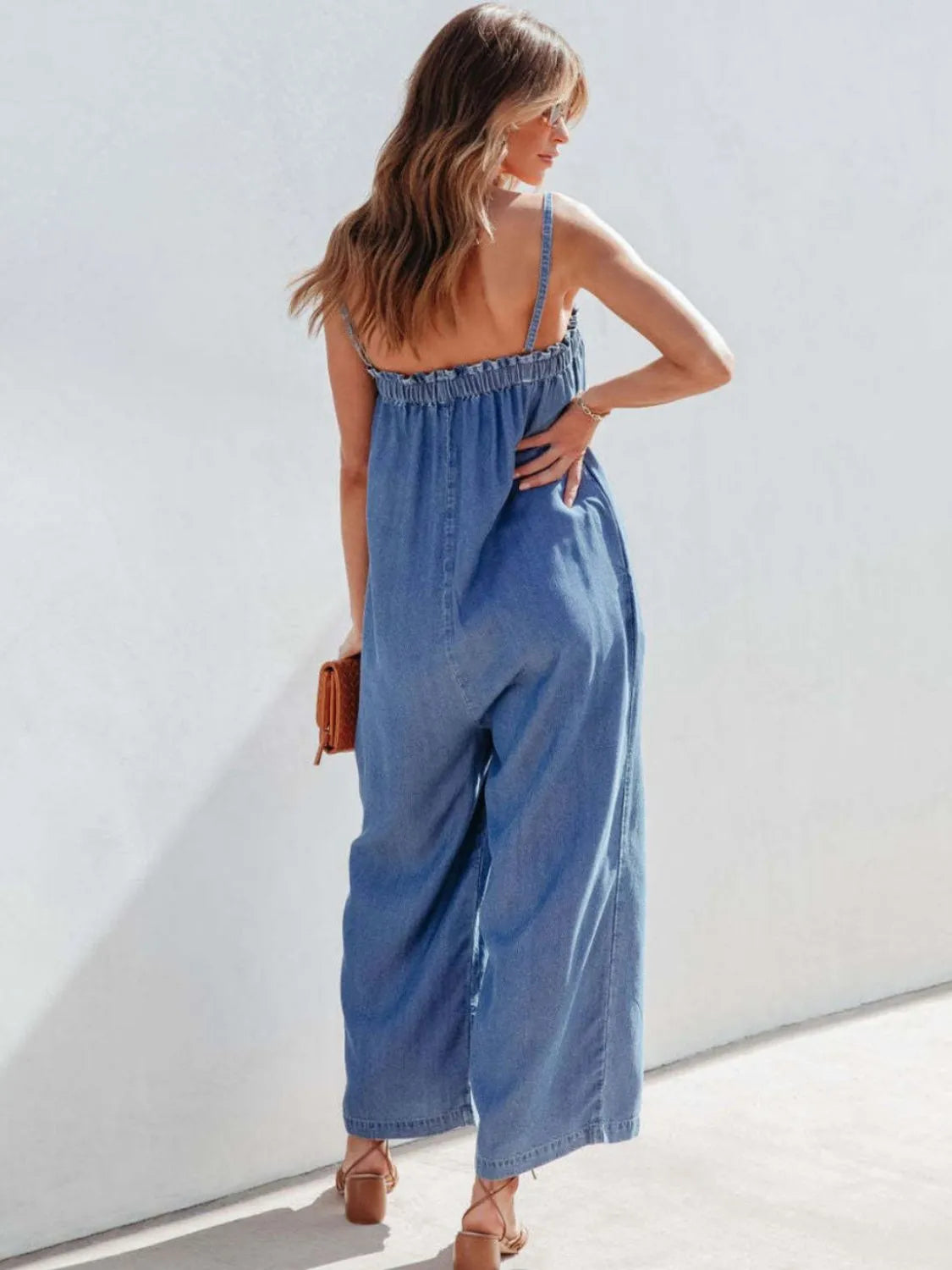 Spaghetti Strap Wide Leg Denim Jumpsuit - Medium - View 6