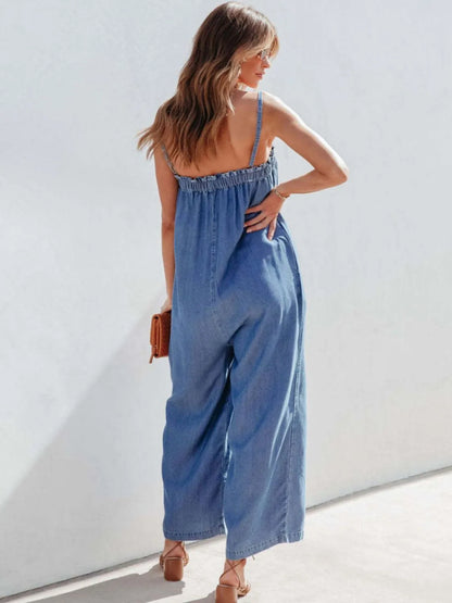 Spaghetti Strap Wide Leg Denim Jumpsuit - Medium - View 6